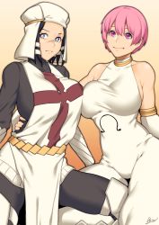 Rule 34 | 2girls, absurdres, arrow (en&#039;en no shouboutai), asymmetrical docking, bare shoulders, black bodysuit, black hair, blue eyes, bodysuit, breast press, breasts, closed mouth, commentary request, commission, detached sleeves, dress, dyun, en&#039;en no shouboutai, highres, holding person, kasugatani inca, large breasts, looking to the side, multiple girls, pelvic curtain, pink eyes, pink hair, pixiv commission, robe, short hair, smile, symbol-shaped pupils, white dress, white headwear, white robe