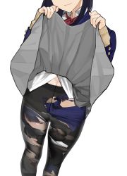 Rule 34 | 1girl, black pantyhose, blue hair, blue jacket, breasts, character print, closed mouth, clothes lift, collared shirt, facing viewer, highres, jacket, lifted by self, long hair, miru tights, mole, nakabeni yua, panties, panties under pantyhose, pantyhose, red neckwear, shirt, simple background, skirt, skirt lift, smile, solo, underwear, white background, white shirt, yomu (sgt epper)