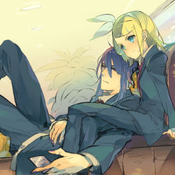 Rule 34 | 1boy, 1girl, age difference, bad id, bad pixiv id, blonde hair, blue eyes, blush, bow, cellphone, couch, couple, fingernails, formal, frown, hagi (artist), hair bow, hair ornament, hairclip, height difference, hetero, kagamine rin, kamui gakupo, long hair, nail polish, necktie, pant suit, pants, phone, plant, purple eyes, purple hair, short hair, sitting, suit, vocaloid
