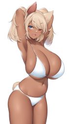Rule 34 | 1girl, ;), absurdres, animal ears, armpits, arms up, bikini, blonde hair, blue eyes, breasts, cleavage, dark-skinned female, dark skin, highres, huge breasts, legs together, looking at viewer, navel, one eye closed, open mouth, original, skindentation, smile, solo, suruga (xsurugax), swimsuit, tail, tan, thighs, white bikini