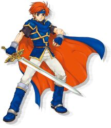 Rule 34 | 1boy, binding blade (weapon), blue cape, blue eyes, blue footwear, blue headband, cape, fingerless gloves, fire emblem, fire emblem: the binding blade, full body, gloves, headband, holding, holding sword, holding weapon, kaneda eiji, nintendo, official art, outstretched arm, red cape, red hair, roy (fire emblem), solo, sword, two-tone cape, weapon