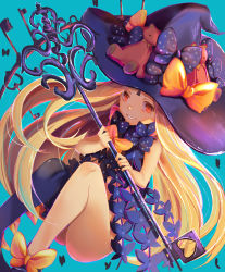 Rule 34 | 1girl, abigail williams (fate), abigail williams (second ascension) (fate), absurdres, ass, asymmetrical legwear, black bow, black hat, black thighhighs, blonde hair, blue background, bow, breasts, fate/grand order, fate (series), hat, hat bow, highres, holding, holding staff, long hair, looking at viewer, orange bow, orange eyes, parayang, polka dot, polka dot bow, revealing clothes, smile, solo, staff, thighhighs, uneven legwear, very long hair, witch hat