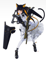 Rule 34 | 1girl, animal ears, black bow, black bowtie, black footwear, black hair, blonde hair, boots, bow, bowtie, cat ears, cat girl, cat tail, character name, closed mouth, collared dress, colored inner hair, commentary, cyborg, dress, etama quomo, expressionless, full body, gun, hair ornament, holding, holding gun, holding weapon, long hair, mechanical arms, multicolored hair, original, pantyhose, robot ears, signature, simple background, sleeveless, sleeveless dress, solo, tail, weapon, white background, white dress, white pantyhose, x hair ornament, yellow eyes