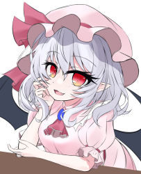Rule 34 | 1girl, :d, arm support, ascot, bat wings, black wings, dress, fang, grey hair, hand in own hair, hat, hat ribbon, highres, looking at viewer, mob cap, open mouth, pink dress, pink hat, red ascot, red eyes, red ribbon, remilia scarlet, ribbon, s vileblood, short hair, short sleeves, simple background, skin fang, smile, solo, touhou, upper body, white background, wings