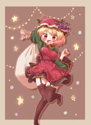 Rule 34 | 1girl, adapted costume, aki minoriko, alternate costume, apron, arinu, arm up, black skirt, black thighhighs, blonde hair, blush, border, bow, breasts, brown background, commentary request, food, frilled sleeves, frills, fruit, fur trim, garter straps, grapes, green bow, green shirt, hat, head tilt, highres, holding, holding sack, leg up, long sleeves, looking at viewer, no shoes, open mouth, red eyes, ribbon-trimmed legwear, ribbon trim, sack, santa hat, sash, shirt, short hair, skirt, smile, solo, standing, standing on one leg, star (symbol), thighhighs, touhou, unaligned breasts, wide sleeves