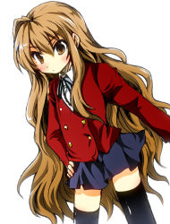 aisaka_taiga brown_eyes brown_hair flat_chest kaisanbutsu long_hair school_uniform solo thighhighs toradora!