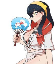 Rule 34 | 1girl, black hair, breasts, carmine (pokemon), character print, colored inner hair, creatures (company), crossed bangs, eyelashes, fundoshi, game freak, gen 1 pokemon, goldeen, hair between eyes, hairband, hand fan, happi, highres, holding, holding fan, japanese clothes, long hair, mole, mole under eye, multicolored hair, navel, nintendo, nutkingcall, paper fan, parted lips, pokemon, pokemon sv, red hair, solo, sweat, white background, yellow eyes, yellow hairband