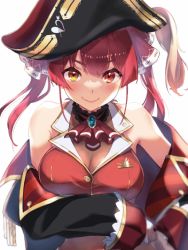 Rule 34 | animated, breasts, brown hair, cafe, chocolate, choker, coffee, food, gelato, hat, highres, hololive, houshou marine, mole, mole on breast, nail polish, o-hako, pirate costume, pirate hat, pocky, red hair, school uniform, twintails, virtual youtuber