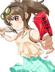 Rule 34 | + +, 1girl, bare shoulders, blush, bracelet, brown hair, commentary request, cowboy shot, eating, eyewear on head, food, foreshortening, hair tie, hairband, high ponytail, holding, holding food, hori yuko, ice cream, idolmaster, idolmaster cinderella girls, jewelry, long hair, looking at viewer, necklace, ponytail, red eyes, signature, simple background, skirt, smile, solo, sunglasses, tank top, translation request, tyuga, white background, wrapper