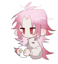 Rule 34 | 1boy, antenna hair, chinese commentary, closed mouth, commentary request, cropped torso, cup, deformed, gao tongren wanjiebufu, hatsutori hajime, highres, holding, holding cup, jitome, long hair, long sleeves, male focus, no nose, parted bangs, pink hair, print cup, puffy long sleeves, puffy sleeves, saibou shinkyoku, shirt, simple background, smile, solo, sparkle print, white background, white shirt