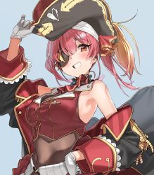 Rule 34 | 1girl, arrow through heart, ascot, bicorne, black coat, black hat, blouse, blush, bodystocking, breasts, buttons, cleavage, coat, covered navel, crop top, embroidery, epaulettes, eyepatch, gloves, gold trim, hair ribbon, hat, highres, hololive, houshou marine, kanzarin, large breasts, leotard, leotard under clothes, long hair, looking at viewer, midriff, off shoulder, red ascot, red eyes, red hair, red ribbon, red shirt, ribbon, see-through, see-through cleavage, see-through leotard, shirt, skirt, sleeveless, smile, solo, twintails, virtual youtuber
