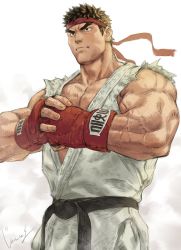 Rule 34 | 1boy, backlighting, bara, bare shoulders, black hair, boxing gloves, dougi, fingerless gloves, forked eyebrows, gentle2nd, gloves, hadouken, headband, highres, pectoral cleavage, male focus, muscular, muscular male, own hands together, partially unbuttoned, pectorals, ryu (street fighter), shirt, short hair, shouryuuken, sideburns, sidepec, solo, street fighter, street fighter ii (series), thick eyebrows, torn clothes, torn shirt, uppercut, veins, white background