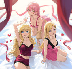 Rule 34 | 3girls, :d, arm support, arm up, armpits, bare arms, bare shoulders, barefoot, blonde hair, blue eyes, blush, breasts, camisole, commentary request, dress, fanbox username, from above, fujimoto rina, hair between eyes, heart, highres, idolmaster, idolmaster cinderella girls, idolmaster cinderella girls starlight stage, jougasaki mika, kneeling, lace-trimmed shorts, lace trim, large breasts, leaning back, leaning forward, long hair, looking at viewer, medium breasts, midriff, multiple girls, nhaliz, ohtsuki yui, on bed, open mouth, paid reward available, parted bangs, patreon username, pink hair, purple eyes, red camisole, red shorts, sexy gals (idolmaster), shorts, sidelocks, signature, sitting, sleepwear, sleeveless, sleeveless dress, smile, spaghetti strap, thighs, v, watermark, wavy hair, web address, yellow eyes, yokozuwari