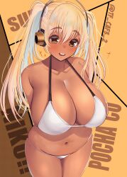 Rule 34 | 1girl, absurdres, arms behind back, bare shoulders, bikini, blonde hair, blush, breasts, brown eyes, cleavage, commentary request, cowboy shot, dark-skinned female, dark skin, headphones, highres, huge breasts, large breasts, long hair, looking at viewer, navel, nitroplus, open mouth, smile, solo, super pochaco, swimsuit, teeth, tf cafe, twintails, upper teeth only, white bikini