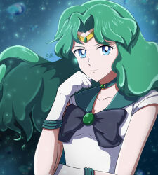 Rule 34 | 1girl, absurdres, bishoujo senshi sailor moon, black bow, blue background, blue eyes, bow, breasts, choker, circlet, gloves, green hair, green sailor collar, highres, jewelry, long hair, magical girl, sailor collar, sailor neptune, sailor senshi, sailor senshi uniform, small breasts, solo, upper body, white gloves, zeff ozaki