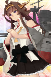 Rule 34 | 1girl, absurdres, ahoge, brown hair, camel000, commentary request, cowboy shot, detached sleeves, double bun, fist in hand, hair bun, hairband, headgear, highres, japanese clothes, kantai collection, kongou (kancolle), kongou kai ni (kancolle), long hair, machinery, popped collar, purple eyes, ribbon-trimmed sleeves, ribbon trim, smokestack, solo