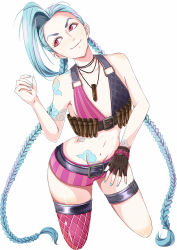 Rule 34 | 1girl, aci (tigerpoetry), belt, blue hair, braid, bullet, highres, jewelry, jinx (league of legends), league of legends, long hair, necklace, pink eyes, shorts, simple background, single thighhigh, solo, tattoo, thighhighs, twin braids, white background