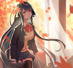 Rule 34 | 1girl, absurdres, autumn, autumn leaves, black hair, black jacket, black skirt, black thighhighs, breasts, closed mouth, collared shirt, curtains, gangzi (vtuber), hair ribbon, highres, indie virtual youtuber, indoors, jacket, korean commentary, lancheu, leaf, long hair, long sleeves, looking at viewer, medium breasts, original, pleated skirt, red neckwear, ribbon, school uniform, shirt, sidelocks, skirt, smile, solo, standing, streamers, sweater vest, thighhighs, uniform, very long hair, virtual youtuber, white shirt, window, yellow eyes, yellow sweater vest, zettai ryouiki