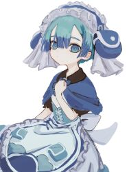 Rule 34 | 1boy, apron, aqua hair, blue capelet, blue eyes, blue hairband, bright pupils, capelet, clenched hand, closed mouth, commentary request, corset, dot mouth, dress, frilled apron, frilled hairband, frilled sleeves, frills, hairband, hand on own chest, hand up, kegen ( kegen), made in abyss, male focus, maruruk, no nose, pouch, puffy short sleeves, puffy sleeves, short hair, short sleeves, simple background, solo, trap, waist apron, white background, white dress, white pupils