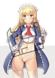 Rule 34 | 1girl, absurdres, ascot, bad id, bad pixiv id, badge, blonde hair, blue eyes, cameltoe, coat, covered navel, gloves, hand on own hip, highleg, highleg leotard, highres, leotard, long hair, looking at viewer, original, osananajimi neko, red ascot, simple background, smile, solo, thighhighs, white background, white gloves, white leotard, white thighhighs