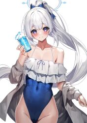 Rule 34 | 1girl, absurdres, bare shoulders, blue archive, blue one-piece swimsuit, blush, bow, closed mouth, collarbone, covered navel, cup, floating hair, grey shirt, groin, hair bow, halo, high ponytail, highleg, highleg swimsuit, highres, holding, holding cup, long hair, miyako (blue archive), miyako (swimsuit) (blue archive), off shoulder, one-piece swimsuit, purple eyes, shirt, simple background, smile, spaghetti strap, swimsuit, very long hair, white background, white hair, yamanokami eaka