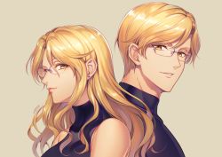Rule 34 | 1boy, 1girl, black shirt, blonde hair, breasts, earrings, glasses, grey background, jewelry, large breasts, looking at viewer, milcho, mole, mole under eye, original, rimless eyewear, shirt, short hair, siblings, signature, simple background, sleeveless, sleeveless shirt, twins, upper body, yellow eyes