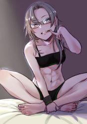 Rule 34 | 1girl, abs, amagiri (kancolle), bad id, bad twitter id, bed sheet, bra, crossed legs, earrings, glasses, jewelry, kantai collection, legs, lips, long hair, looking at viewer, midriff, navel, parted bangs, ponytail, sitting, solo, stomach, toned, training bra, underwear, uyama hajime