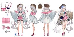 Rule 34 | 1girl, absurdres, ahoge, anonymous (nijisanji), bow, bow earrings, braid, brown headwear, character sheet, earrings, full body, grey hair, highres, jewelry, long hair, multiple views, nijisanji, nijisanji en, official art, pink bag, pink eyes, pink shorts, plaid, plaid shorts, reimu endou, reimu endou (3rd costume), sandals, second-party source, shorts, single earring, turnaround, twin braids, very long hair, wide sleeves