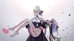 Rule 34 | 2girls, absurdres, angry, artoria pendragon (all), artoria pendragon (fate), ass, bare shoulders, black dress, black ribbon, blonde hair, braid, breasts, cleavage, collarbone, commentary, dark sakura, dress, fate/stay night, fate (series), hair ribbon, highres, large breasts, long hair, looking at viewer, matou sakura, multiple girls, red ribbon, ribbon, saber alter, serelith, short hair, spoilers, tattoo, torn clothes, torn dress, white hair, yellow eyes