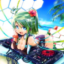 Rule 34 | 1girl, ahoge, ass, beach, bent over, blue eyes, breasts, cleavage, dj, fang, female focus, flower, green hair, headphones, highres, kamiya zuzu, leaning forward, long hair, nature, ocean, open mouth, original, phonograph, plant, ponytail, sky, smile, solo, swimsuit, turntable