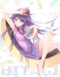 Rule 34 | 1girl, arm up, armpits, bakemonogatari, bare legs, barefoot, blouse, blue eyes, boxcutter, breasts, chair, character name, collar, collared shirt, commentary, english text, eyelashes, foot out of frame, foreshortening, gum (vivid garden), highres, holding, holding scissors, leaning back, legs, long hair, looking at viewer, mechanical pencil, medium breasts, monogatari (series), naoetsu high school uniform, necktie, paperclip, pen, pencil, pink shirt, pleated skirt, purple hair, purple shirt, purple skirt, red collar, ruler, school uniform, scissors, senjougahara hitagi, shirt, sidelocks, sitting, skirt, sleeves rolled up, solo, stapler, stationery