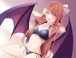 Rule 34 | 1girl, alternate eye color, armpits, arms behind head, arms up, bat wings, black bra, black panties, blonde hair, blush, bow, bra, breasts, collarbone, commentary request, eyelashes, hairband, kurumi (touhou), long hair, midorino eni, navel, open mouth, panties, parted bangs, purple eyes, sidelocks, sitting, slit pupils, small breasts, solo, stomach, sunlight, surprised, tears, thighs, touhou, touhou (pc-98), underwear, wariza, white bow, white hairband, wings