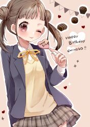 Rule 34 | 1girl, 55 (pm5 55), ;p, black jacket, blazer, blunt bangs, blush, brown hair, brown skirt, character name, chocolate, double bun, food, hair bun, happy birthday, heart, highres, holding, holding food, idolmaster, idolmaster shiny colors, jacket, looking at viewer, neck ribbon, one eye closed, outline, plaid, plaid skirt, pleated skirt, red eyes, ribbon, school uniform, skirt, solo, sonoda chiyoko, sparkle, tongue, tongue out, twintails, vest, white outline, yellow ribbon, yellow vest