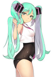 Rule 34 | 1girl, :&lt;, aqua eyes, aqua hair, bare arms, bare shoulders, black one-piece swimsuit, breasts, btraphen, character name, closed mouth, copyright name, cowboy shot, crop top, crop top overhang, cube hair ornament, from side, green eyes, hair ornament, hatsune miku, holding, holding hair, long hair, looking at viewer, medium breasts, necktie, one-piece swimsuit, sailor collar, school swimsuit, shiny clothes, shiny skin, sidelocks, simple background, skindentation, sleeveless, solo, swimsuit, swimsuit under clothes, twintails, very long hair, vocaloid, white background