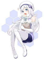 Rule 34 | 1girl, aila jyrkiainen, bag, blue eyes, blue pantyhose, boots, dress, elbow gloves, floating hair, food, full body, gloves, gundam, gundam build fighters, hat, holding, holding bag, holding food, long hair, open mouth, pantyhose, paper bag, parted bangs, short dress, silver hair, sitting, sleeveless, sleeveless dress, solo, steam, taakomaru, thigh boots, thighhighs, very long hair, white background, white dress, white footwear, white gloves, white hat