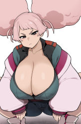 Rule 34 | 1girl, afro puffs, alternate breast size, asticassia school uniform, breasts, bright pupils, cameltoe, chuatury panlunch, cleavage, collarbone, commentary request, double bun, gundam, gundam suisei no majo, hair bun, highres, huge breasts, otogi tetsurou, pink eyes, pink hair, puffy sleeves, school uniform, simple background, squatting, squinting, white pupils