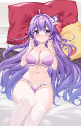 Rule 34 | 1girl, ahoge, azur lane, blush, bra, breasts, cleavage, hair bun, hair ribbon, highres, large breasts, long hair, looking at viewer, lying, navel, on back, one side up, open mouth, panties, pillow, purple bra, purple eyes, purple hair, purple panties, red ribbon, ribbon, single hair bun, single side bun, skindentation, solo, thighhighs, underwear, underwear only, unicorn (azur lane), very long hair, white thighhighs, yuxian youka