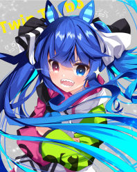 Rule 34 | 1girl, :d, animal ears, blue eyes, blue hair, character name, commentary request, crossed arms, floating hair, grey background, heterochromia, highres, horse ears, jacket, long hair, long sleeves, nanamomo rio, open mouth, puffy long sleeves, puffy sleeves, red eyes, sharp teeth, smile, solo, sparkle, teeth, twin turbo (umamusume), twintails, umamusume, upper body, v-shaped eyebrows, very long hair, white jacket