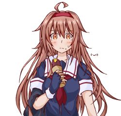 Rule 34 | 1girl, absurdres, asymmetrical clothes, black serafuku, brown eyes, brown hair, commentary request, food, hair flaps, hairband, highres, kantai collection, koutetunamekuji, long hair, looking at viewer, md5 mismatch, neckerchief, red hairband, red neckerchief, resolution mismatch, sailor collar, school uniform, serafuku, shiratsuyu (kancolle), shiratsuyu kai ni (kancolle), simple background, solo, source smaller, sweet potato, upper body, whistle, whistle around neck, white background, white sailor collar