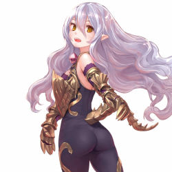 Rule 34 | 1girl, ass, bad id, bad pixiv id, bare shoulders, bodysuit, elbow gloves, from behind, gauntlets, gem, gloves, granblue fantasy, hair between eyes, headpiece, light purple hair, long hair, looking at viewer, looking back, medusa (shingeki no bahamut), nyaa (nyaanyaa), open mouth, pointy ears, shingeki no bahamut, simple background, solo, tail, very long hair, wavy hair, white background, yellow eyes