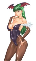 1girl 66head aqua_hair bad_id bad_pixiv_id breasts brown_eyes capcom cleavage darkstalkers female_focus head_wings leotard morrigan_aensland pantyhose solo wings