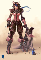 Rule 34 | 1girl, blue eyes, blue hair, boots, dagger, dog, fingerless gloves, full body, gloves, heart, helmet, highres, knife, long hair, looking at viewer, makeup, mechanical arms, mole, mole under eye, original, scarf, simple background, single mechanical arm, smile, steampunk, tyler james, weapon, wrench