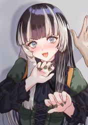 Rule 34 | 1girl, against wall, ascot, black ascot, black hair, blue eyes, blunt bangs, blush, breasts, choker, commentary request, dress, embarrassed, gothic lolita, green dress, green nails, grey hair, highres, hololive, hololive dev is, juufuutei raden, kabedon, korutesu, lace, lace choker, lolita fashion, long hair, long sleeves, looking at viewer, medium breasts, multicolored hair, nail polish, open mouth, pov, solo focus, two-tone hair, upper body, virtual youtuber