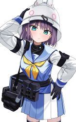 Rule 34 | 1girl, aqua eyes, bag, black gloves, blue archive, blush, breasts, closed mouth, commentary request, gloves, hand on headwear, hand on own hip, helmet, highres, long sleeves, looking at viewer, luicent, neckerchief, pleated skirt, pouch, purple hair, sailor collar, saki (blue archive), school uniform, serafuku, short hair, simple background, skirt, solo, thighhighs, white background, white headwear, yellow neckerchief