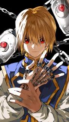 Rule 34 | 1boy, black background, blonde hair, closed mouth, disembodied eye, earrings, hands up, highres, hunter x hunter, jewelry, kurapika, long sleeves, looking at viewer, male focus, red eyes, shirt, simple background, single earring, solo, white shirt, xi luo an ya