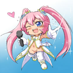 Rule 34 | 00s, 1girl, angelic buster, blue eyes, blush, bottomless, gradient background, horns, macchou (tsubonekoya), maplestory, one eye closed, pink hair, pussy, solo, twintails, wings, wink