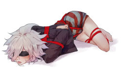 Rule 34 | 1boy, arms behind back, bdsm, blindfold, blush, bondage, bound, bound arms, bound legs, danganronpa (series), danganronpa another episode: ultra despair girls, drooling, full body, highres, humidifier xd, komaeda nagito, long sleeves, lying, male focus, open mouth, red rope, rope, saliva, servant (danganronpa), shibari, shibari over clothes, short hair, simple background, solo, teeth, tongue, upper teeth only, white background, white hair