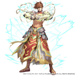 Rule 34 | 1boy, 23/7, abs, armor, brown eyes, brown hair, electricity, fist in hand, gem, looking at viewer, male focus, muscular, navel, official art, own hands together, sandals, smile, solo, standing, suiact, white background