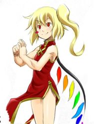 Rule 34 | 1girl, bare shoulders, blonde hair, china dress, chinese clothes, dress, female focus, flandre scarlet, kagehito, red eyes, smile, solo, touhou, white background