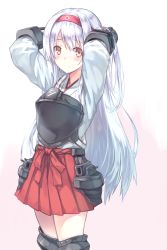 Rule 34 | 10s, 1girl, arms up, blush, cowboy shot, hairband, highres, hiten (hitenkei), japanese clothes, kantai collection, long hair, looking at viewer, muneate, personification, shoukaku (kancolle), silver hair, skirt, smile, solo, thighhighs, zettai ryouiki